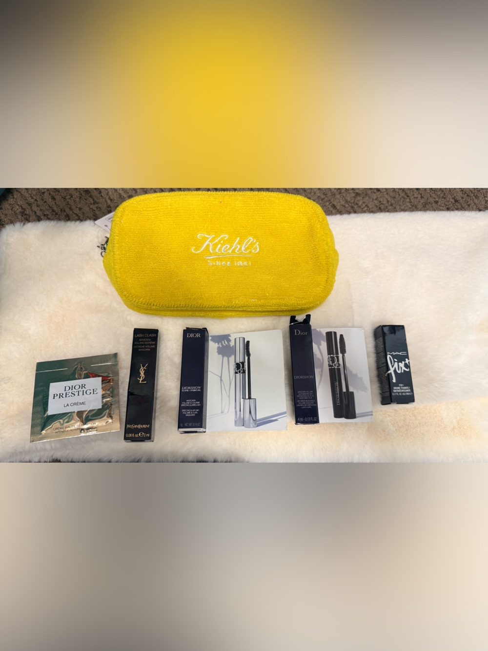 Makeup of Dior, YSL, Mac, Mascara & setting spray, Dior cream sample. Pouch